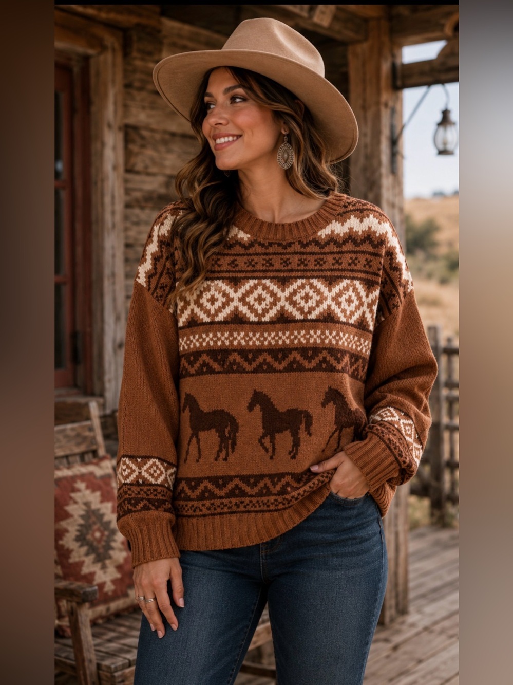 New In‎ - Horse Print 🐴 Western Sweater NWT Camel Oversized Small ⭐️ Ranch Core